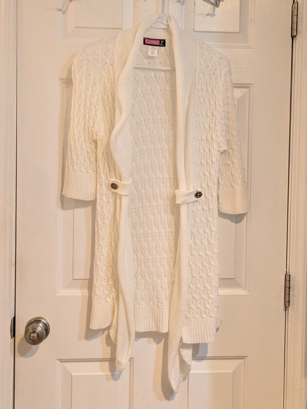 Say What? Cream Cable Knit Open Front Cardigan with Shawl Collar